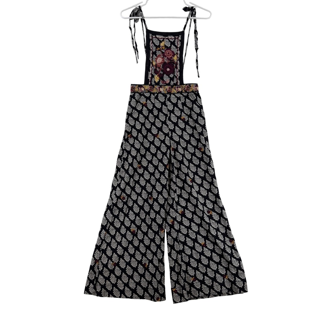Anthropologie Overalls Womens Petite 00P Black Paisley Floral Bib Tie‎ Straps